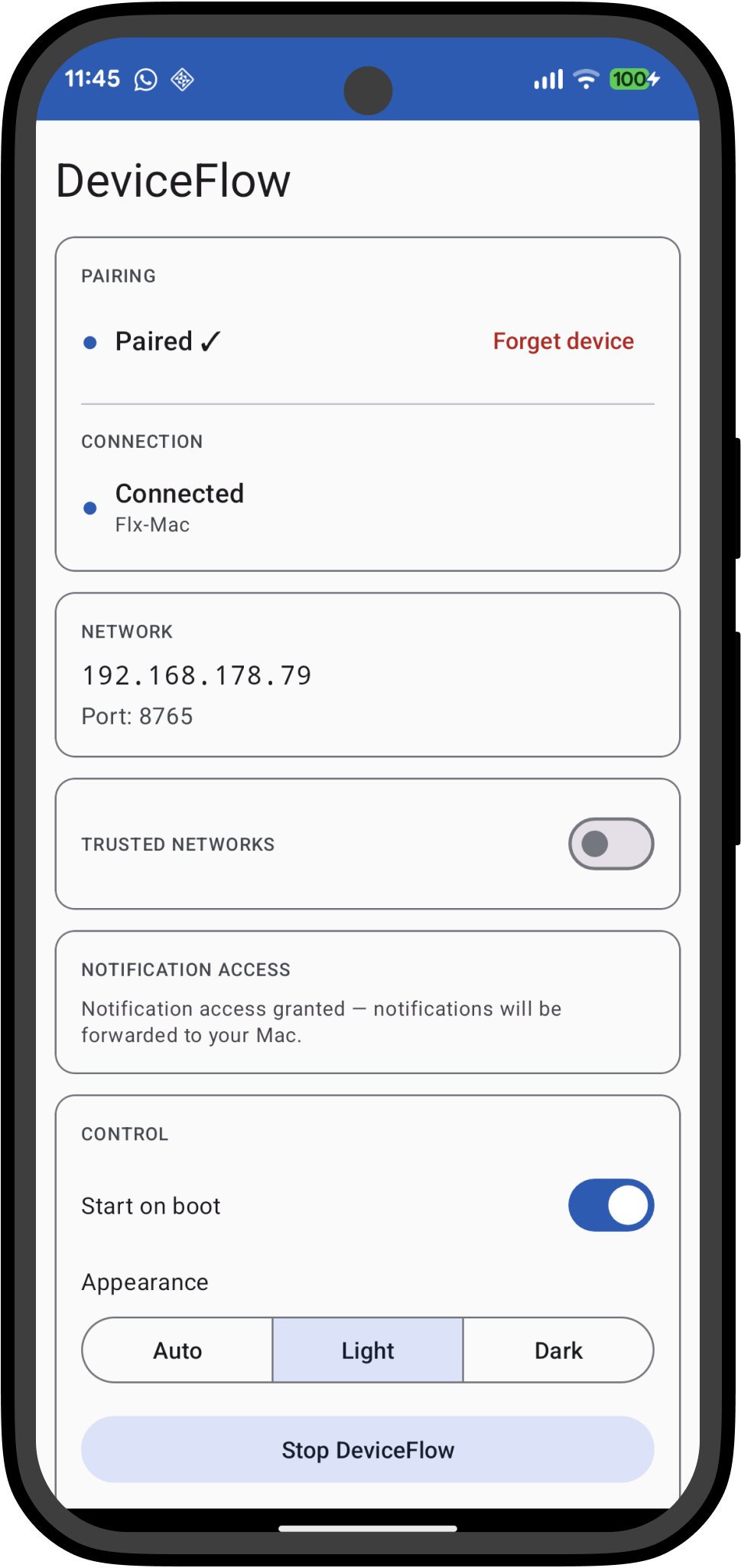 DeviceFlow Android app showing paired and connected state