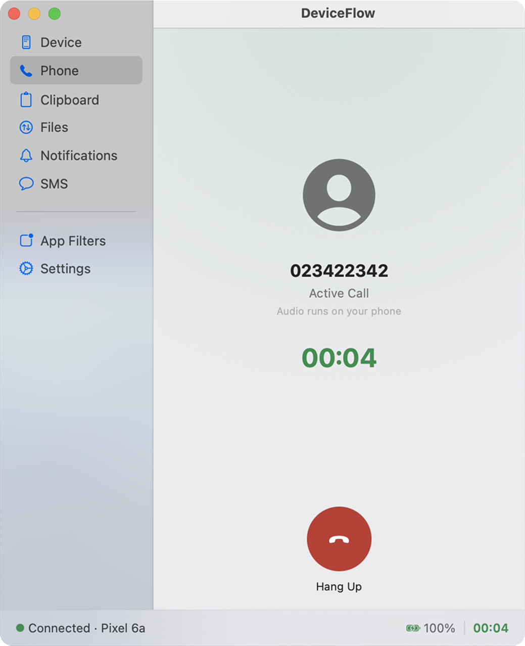 DeviceFlow macOS app showing an active call screen